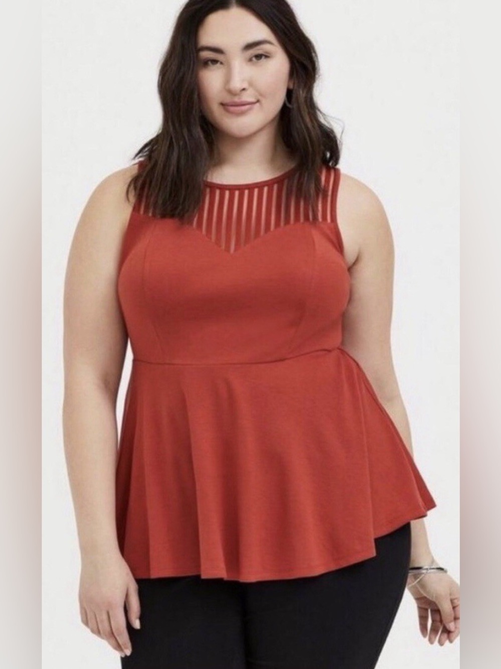 Torrid Red Terracotta Premium Ponte Stripe Yoke Peplum Top